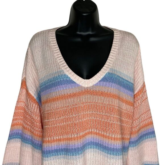 Loft Sweater Womens L Pastel Striped V-Neck Pullover Boho Preppy Slouchy Casual - Picture 5 of 11